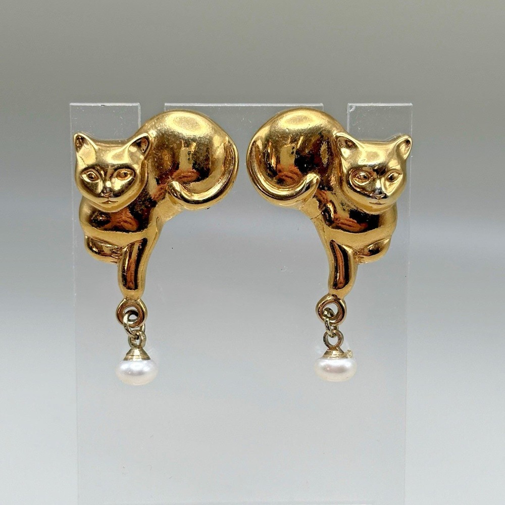 Vintage Cat and Pearl Dangle Pierced Earrings Gold Tone